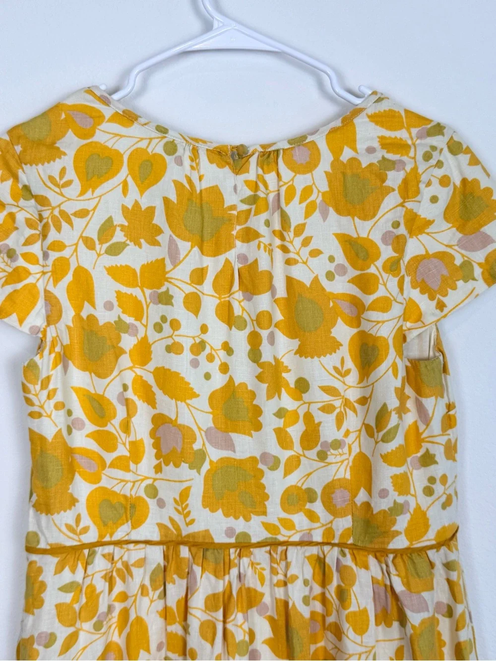 Boden Yellow Floral Print Linen Dress Lace Trim Hem Short Sleeve Fit & Flare 12R